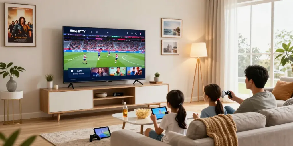 Expérience familiale de streaming avec Atlas IPTV dans un salon moderne.