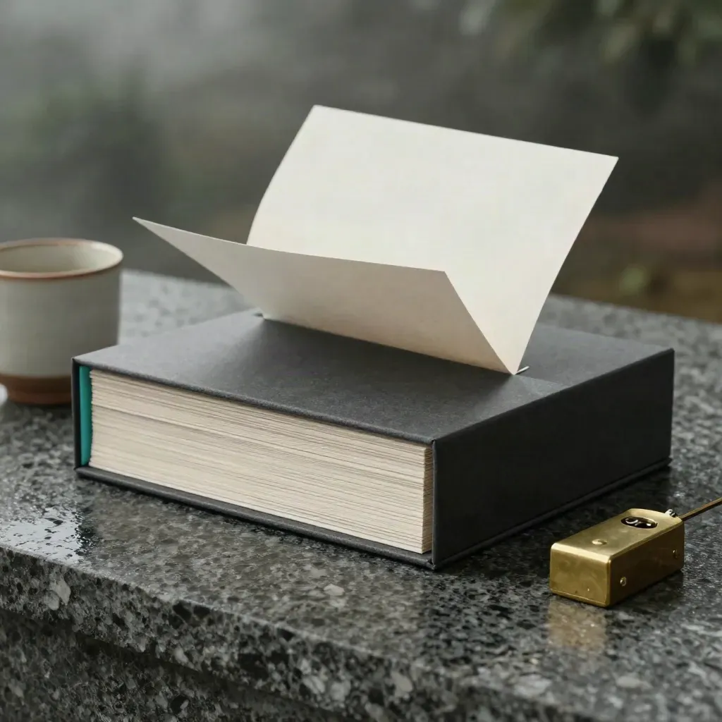Boîte de présentation en ardoise avec cartes blanches, dossier plié, tasse et presse-papier en laiton.