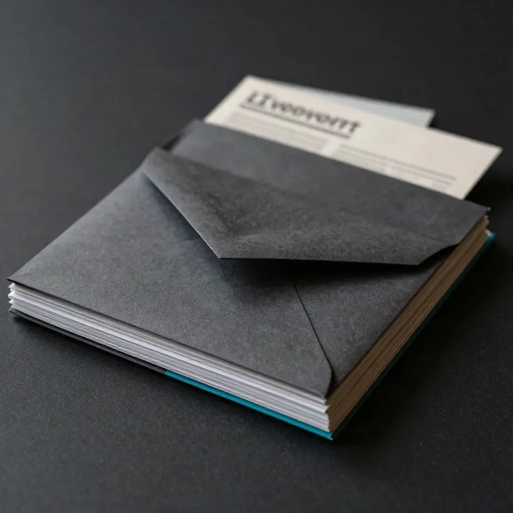 Kit newsletter sombre avec enveloppe entrouverte, feuillets pliés et reflet cyan discret.