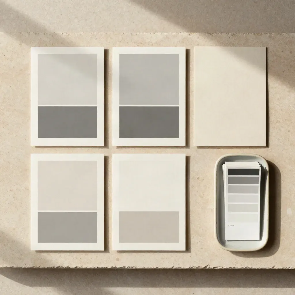Kit de copywriting web vu du dessus, cartes modulaires, dossier beige et petit plateau céramique.