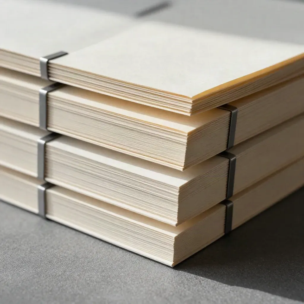Quatre brochures en gros plan sur lin gris, reliure graphite et poussière de papier.