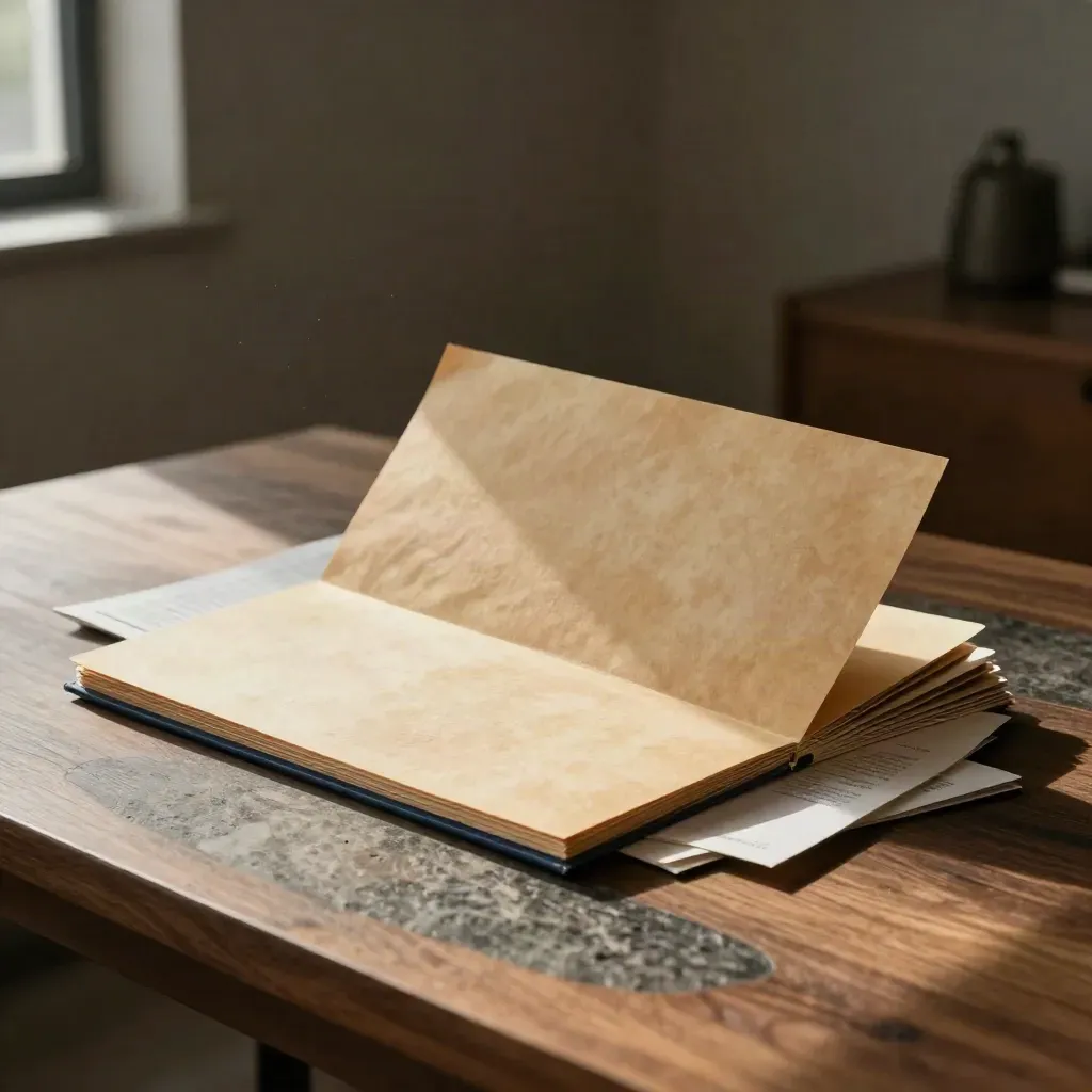 Dossier fin, cartes maquettes et lumière douce sur un bureau de studio