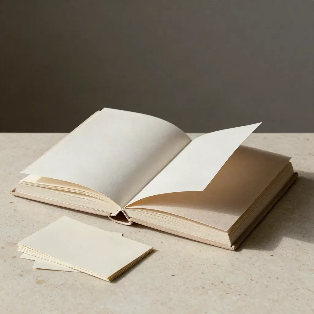 Guide de ton de marque ouvert sur travertin avec sleeve assorti et cartes papier