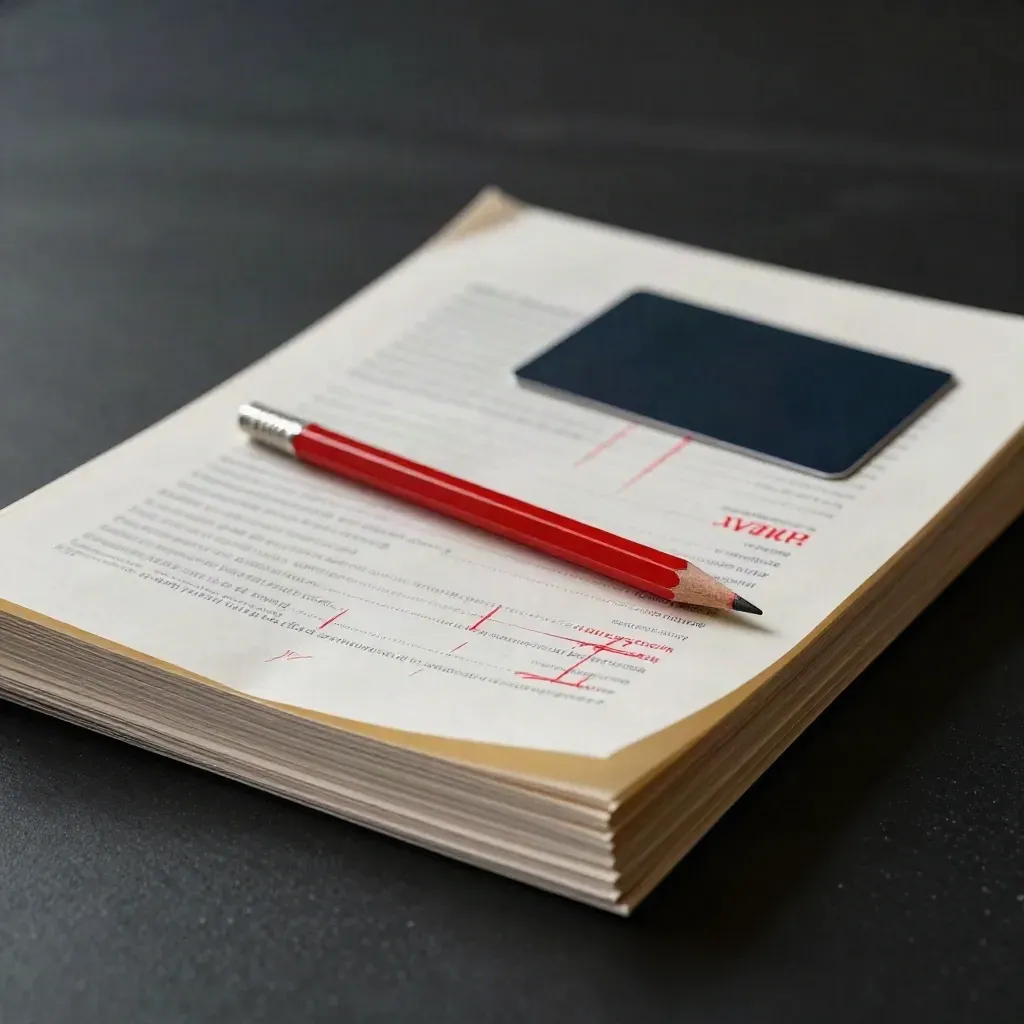 Faisceau de relecture premium avec feuilles annotées, crayon rouge et carte sombre.