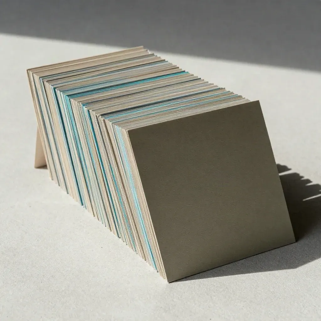 Vue zénithale d’un pack de posts LinkedIn en papier, sur dalle claire avec ombres douces