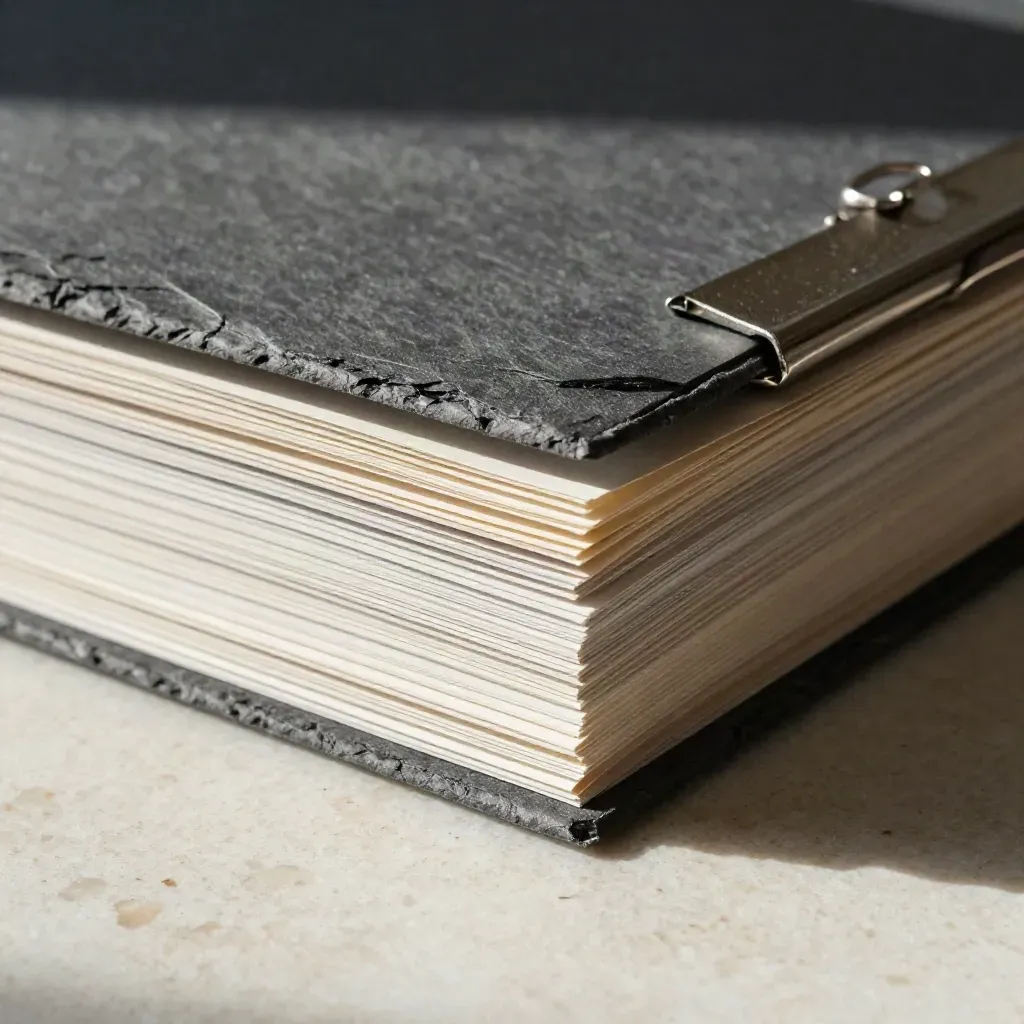 Gros plan d’un kit d’audit éditorial en dossiers, feuilles et pince métallique sur travertin.
