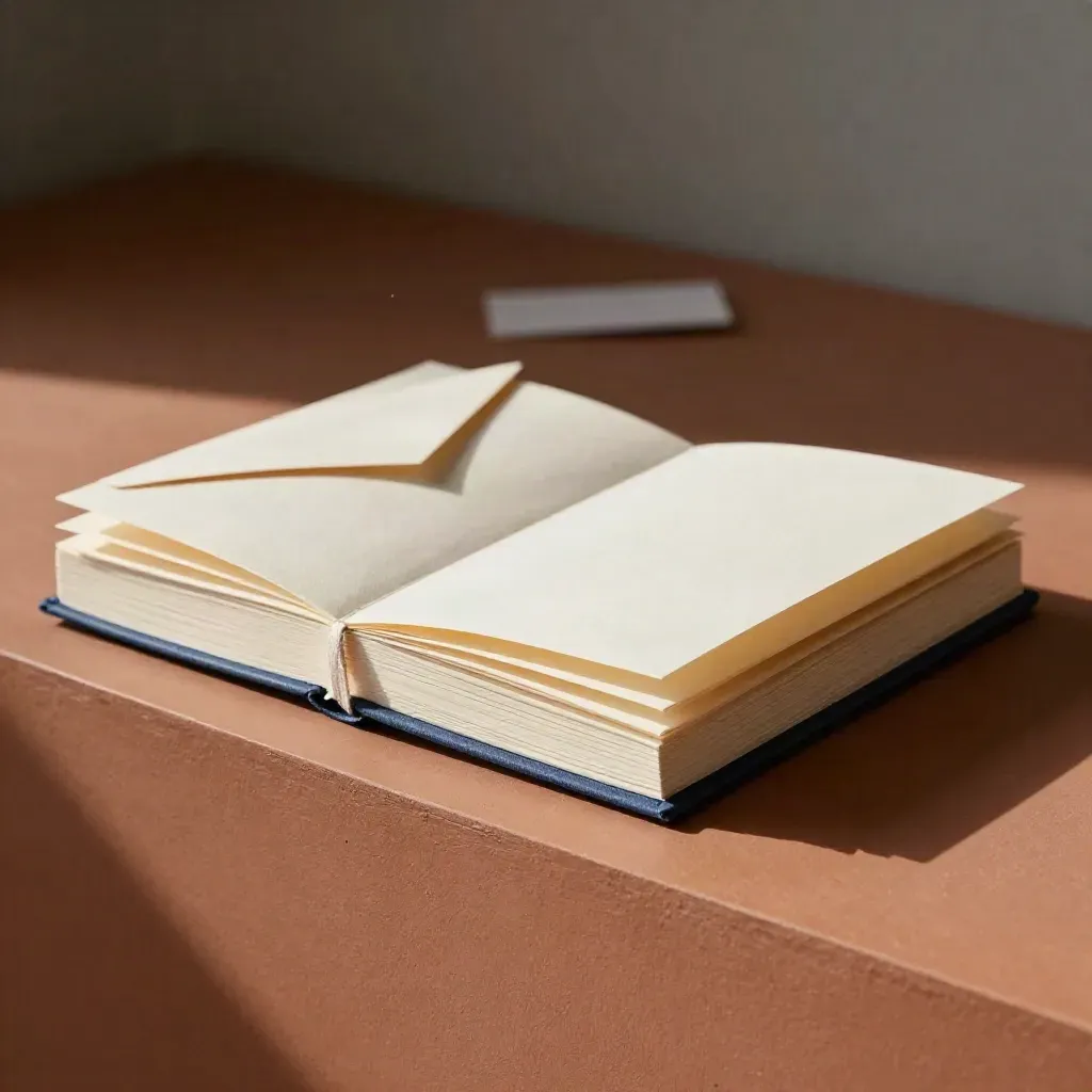 Guide de marque en tissu bleu nuit avec onglets et enveloppe assortie sur socle terracotta.