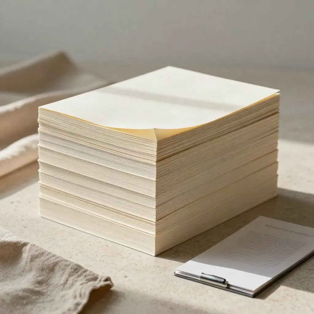 Pile de manuscrits SEO avec trombone graphite sur table claire, lumière douce.