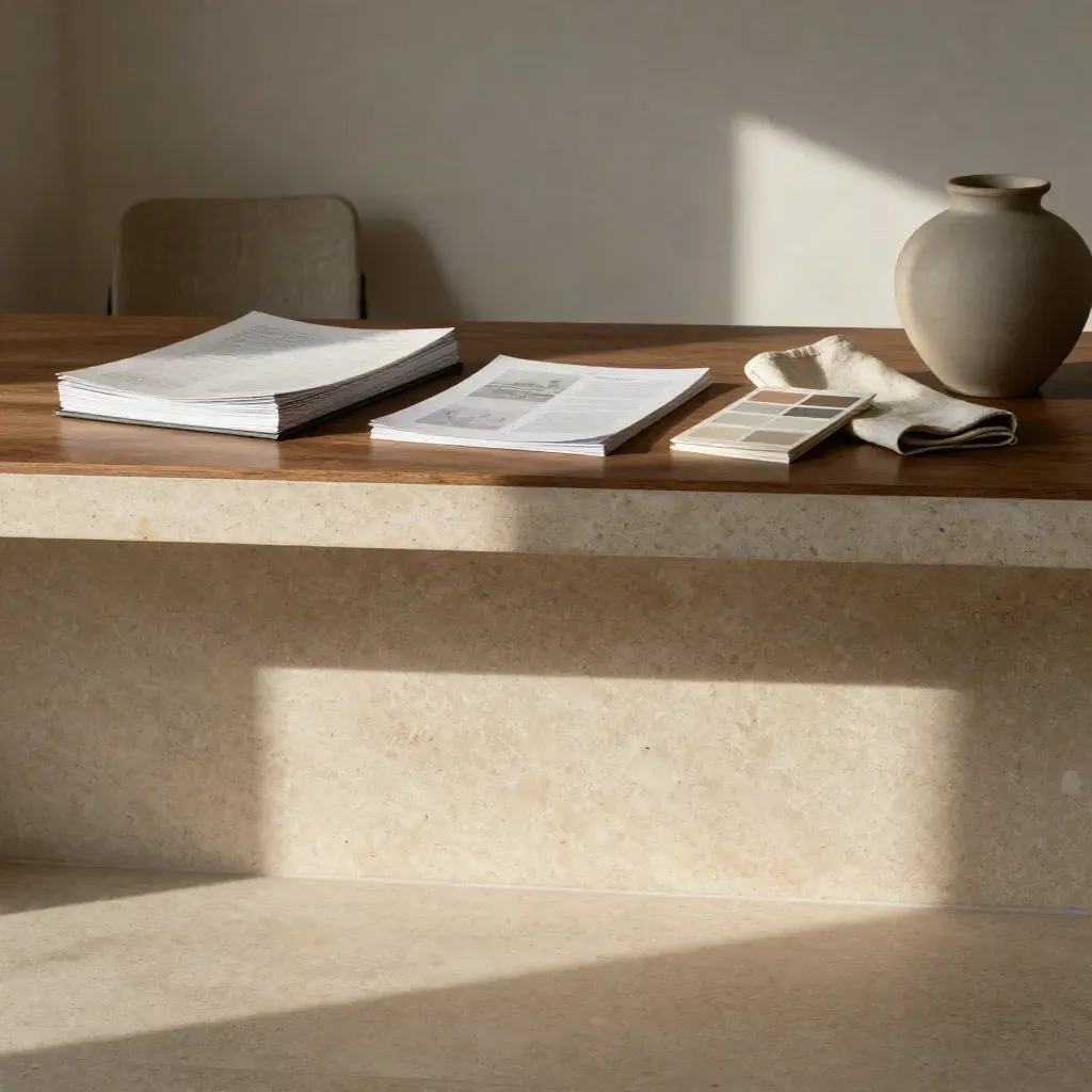 Intérieur éditorial lumineux avec ledge en travertin, pages de preuve et fauteuil en lin flou.