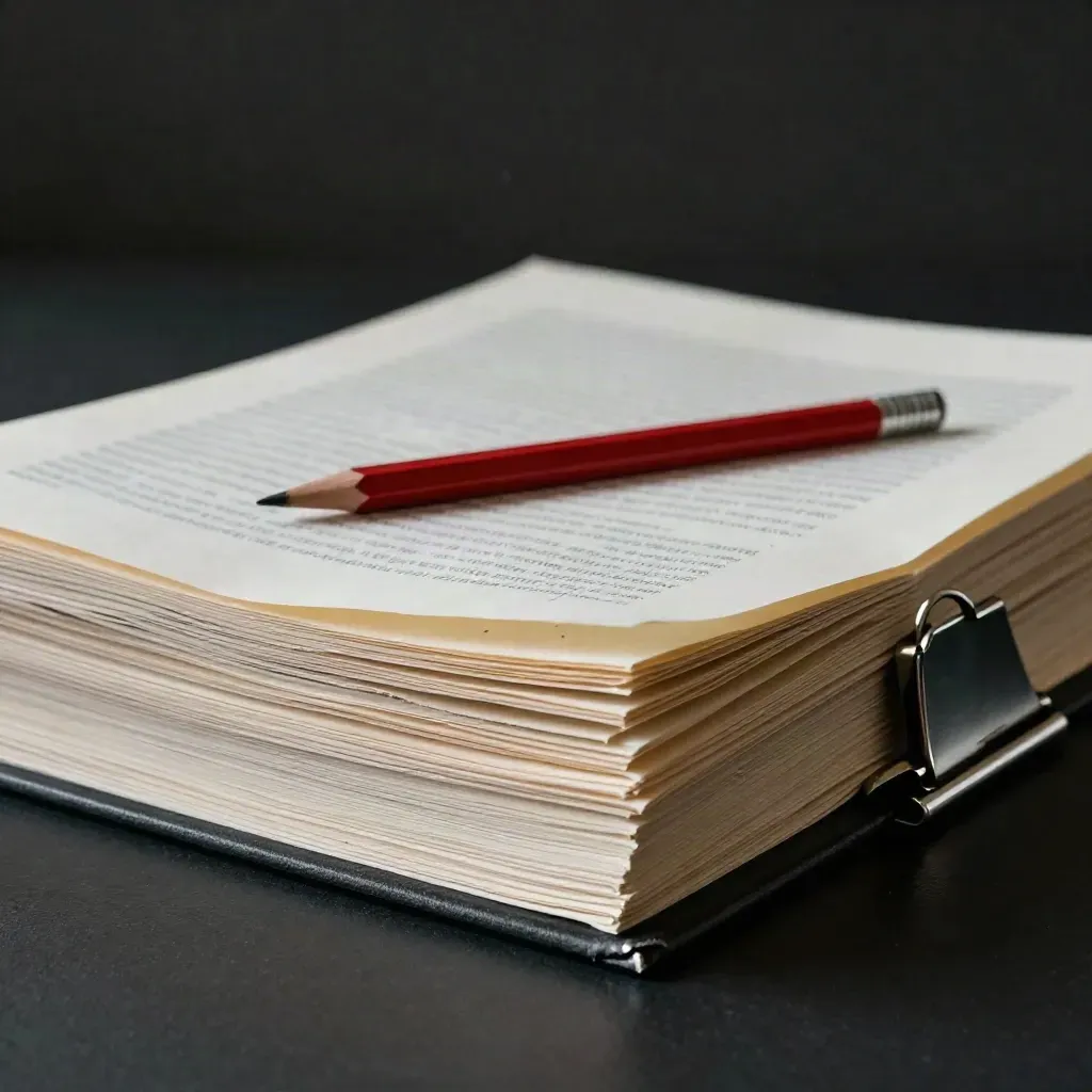 Kit de relecture avec pages corrigées, crayon rouge et ambiance sombre premium.