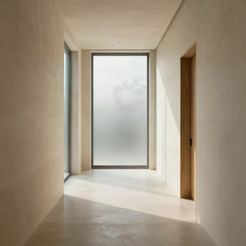 Couloir en pierre claire baigné de lumière, reflet de branche flou et espace vide pour un titre.