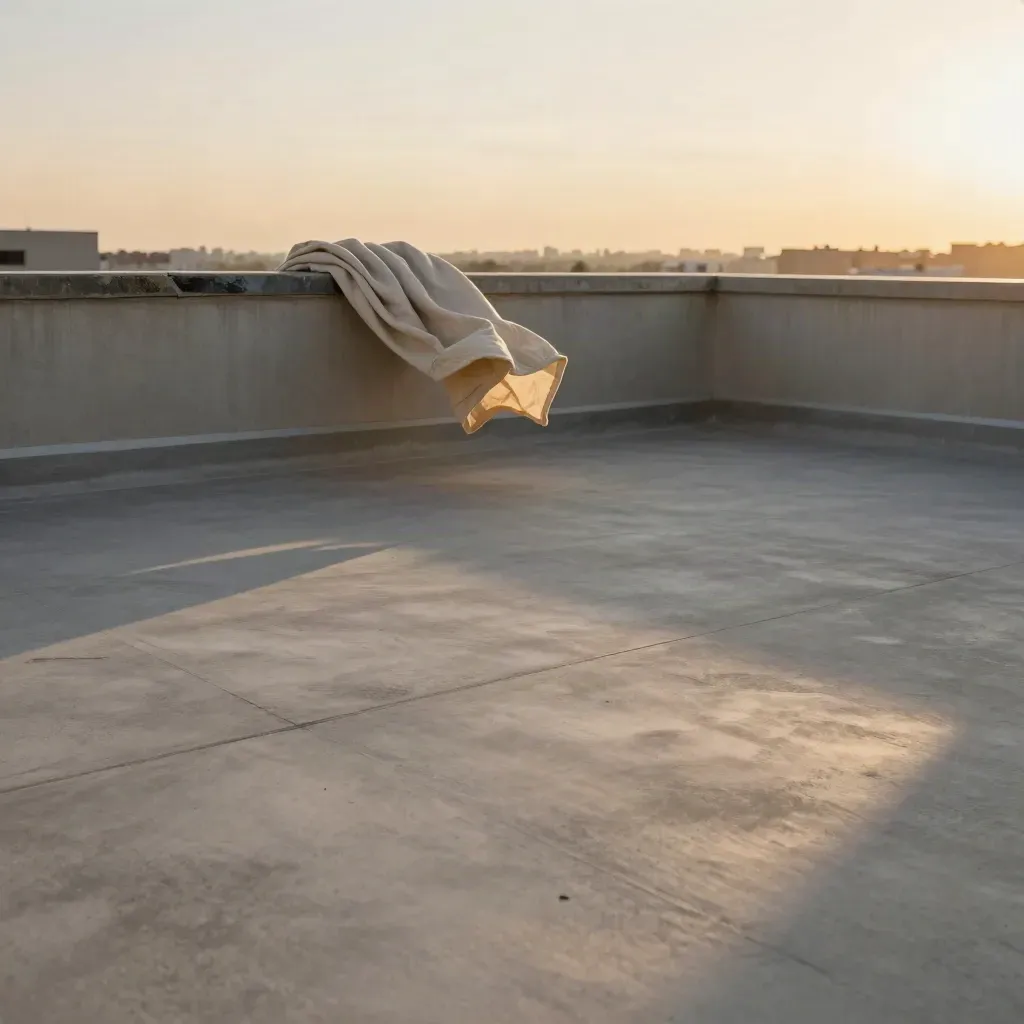 Terrasse de toit en béton texturé, linge de lin soulevé par le vent, ville floue au loin.
