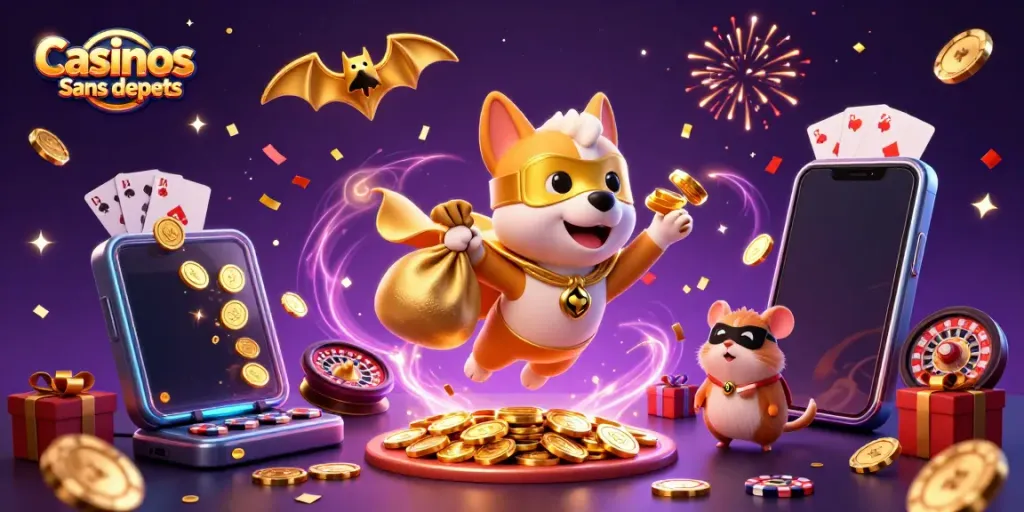 Visuel captivant des Casinos Sans dépôts montrant un chien super-héros et un hamster dans une scène de jeu animée.